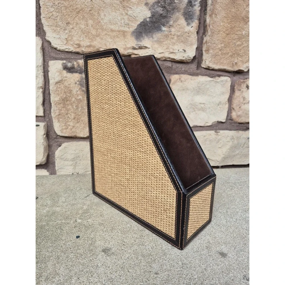 Rattan Magazine Holder Faux Leather Desk File Organizer Safari Woven Storage